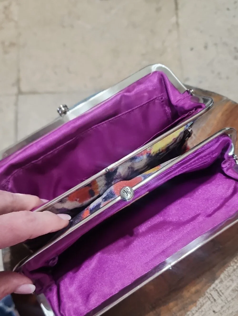 Hobo Magnetic Floral Print Clutch Fold Wallet Purple Multicolor Leather